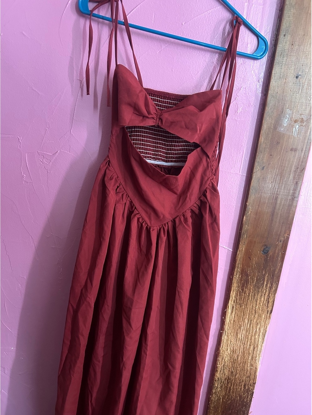 Rust Red Midi Dress with Cutout and Tie Shoulder Straps